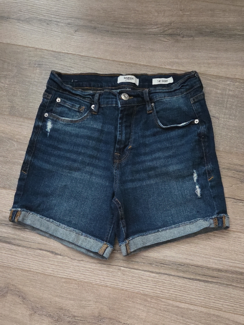 Kensie Dark Wash Distressed Denim Shorts - Picture 2 of 7